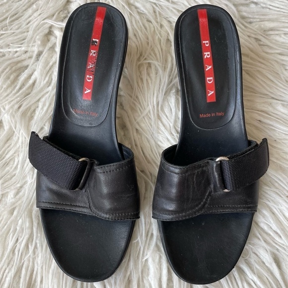 Prada Sport Leather Buckle Black Vintage Y2K Open Toe Heeled Sandal Mules 36.5 - Picture 1 of 10